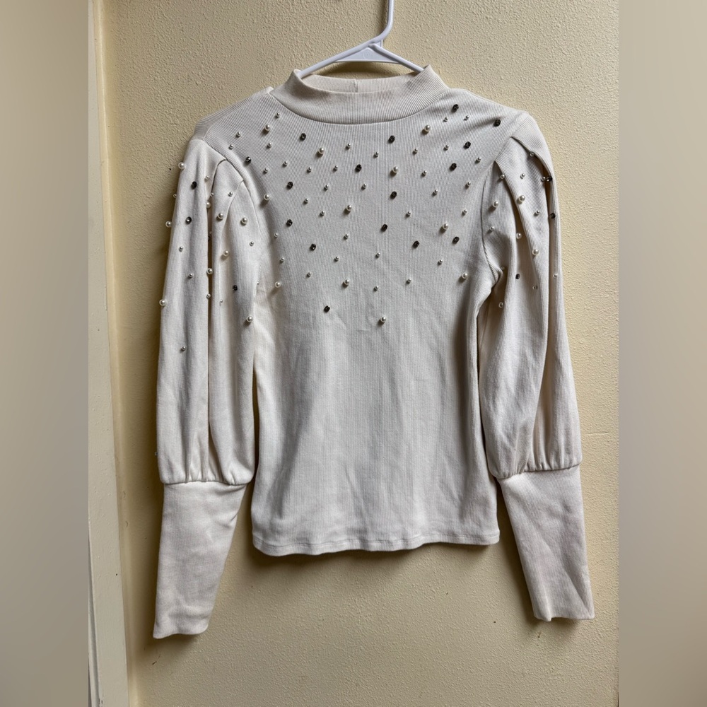 Express Beige Embellished Puff Sleeve Top Size Small Pearl Bead Detail